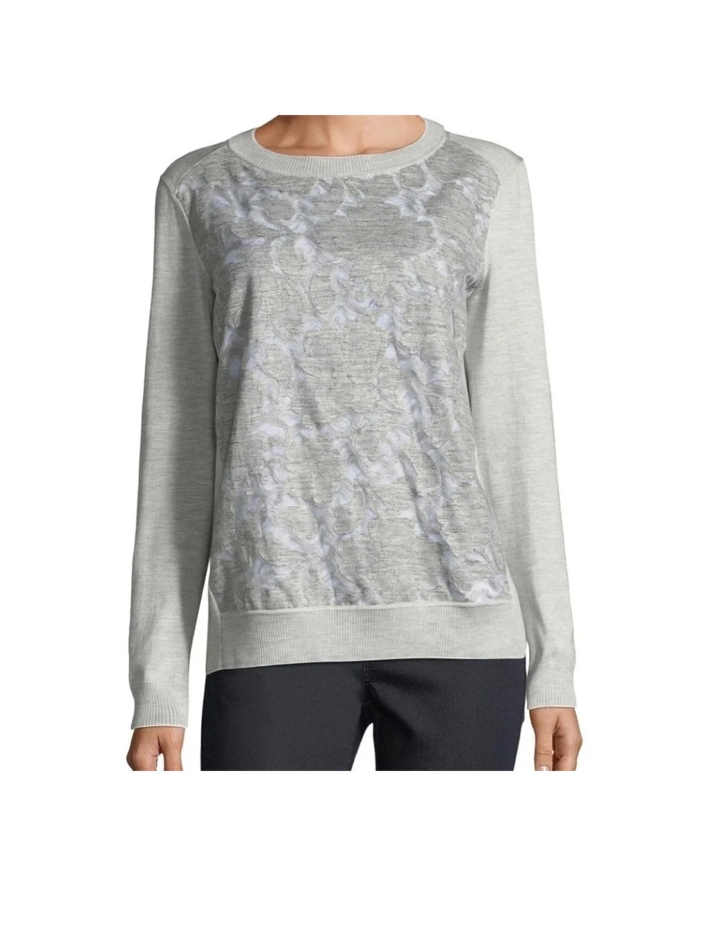 Lafayette 148 New York Light Gray Crochet-Front Crewneck Sweater